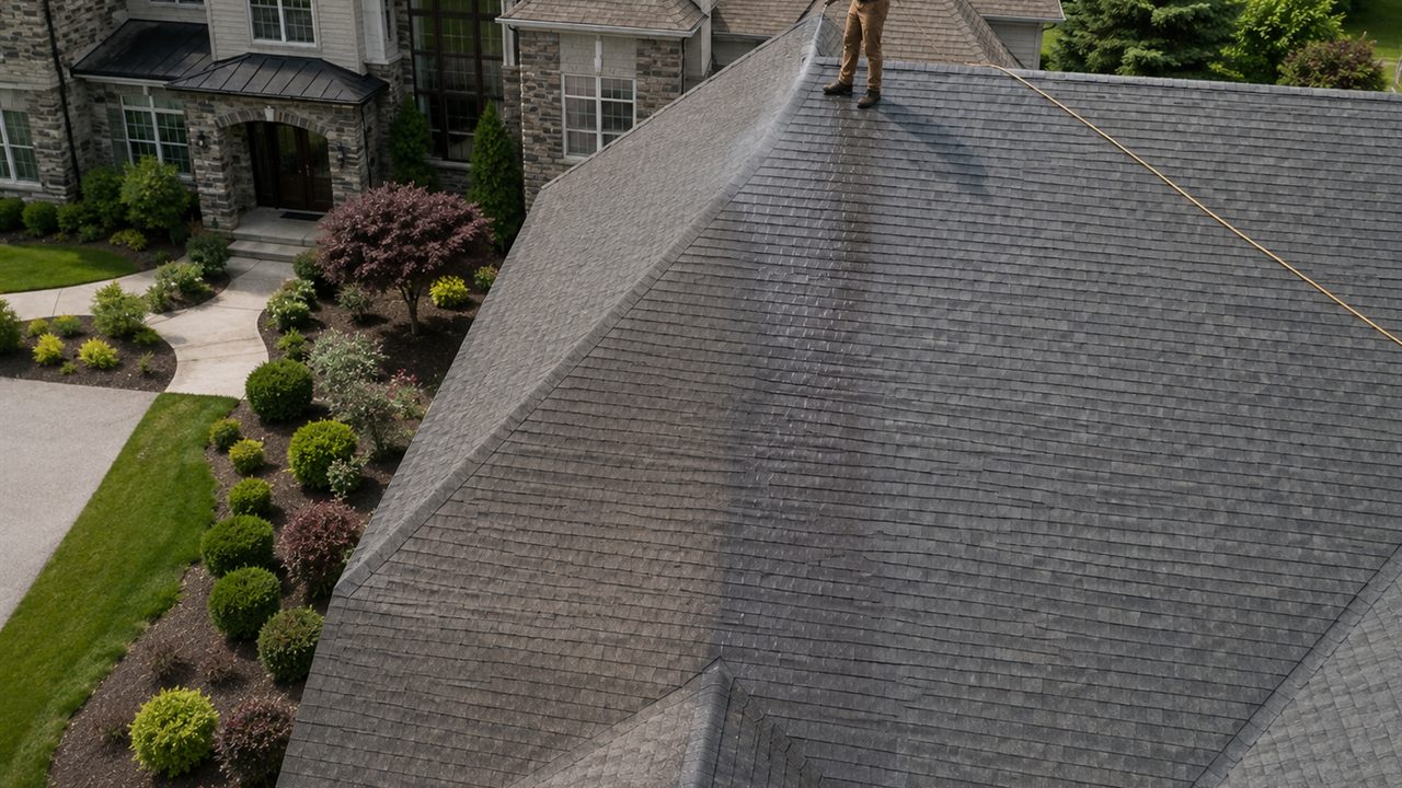 Aerial view of a stone craftsman home with a clean asphalt shingle roof