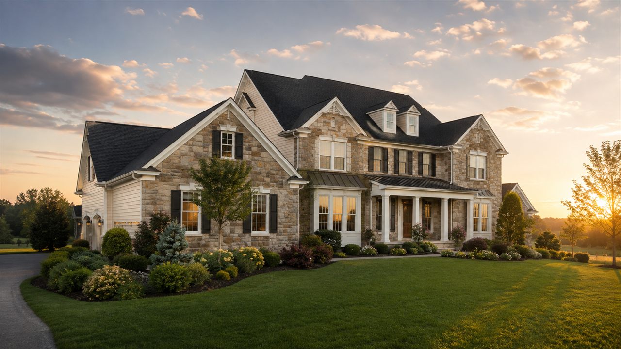 A stone home with a restored asphalt roof at golden hour in the Pennsylvania countryside