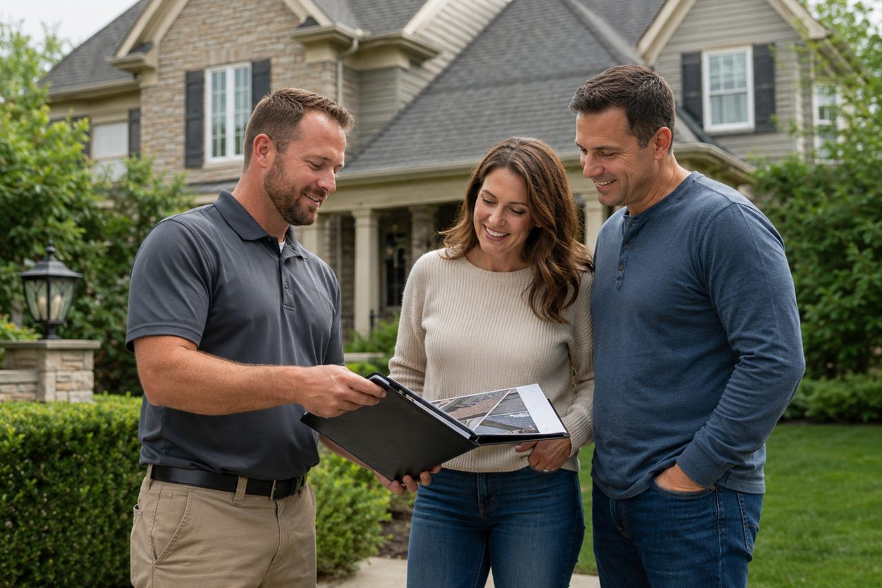 A specialist walking a homeowner through the written warranty and inspection findings