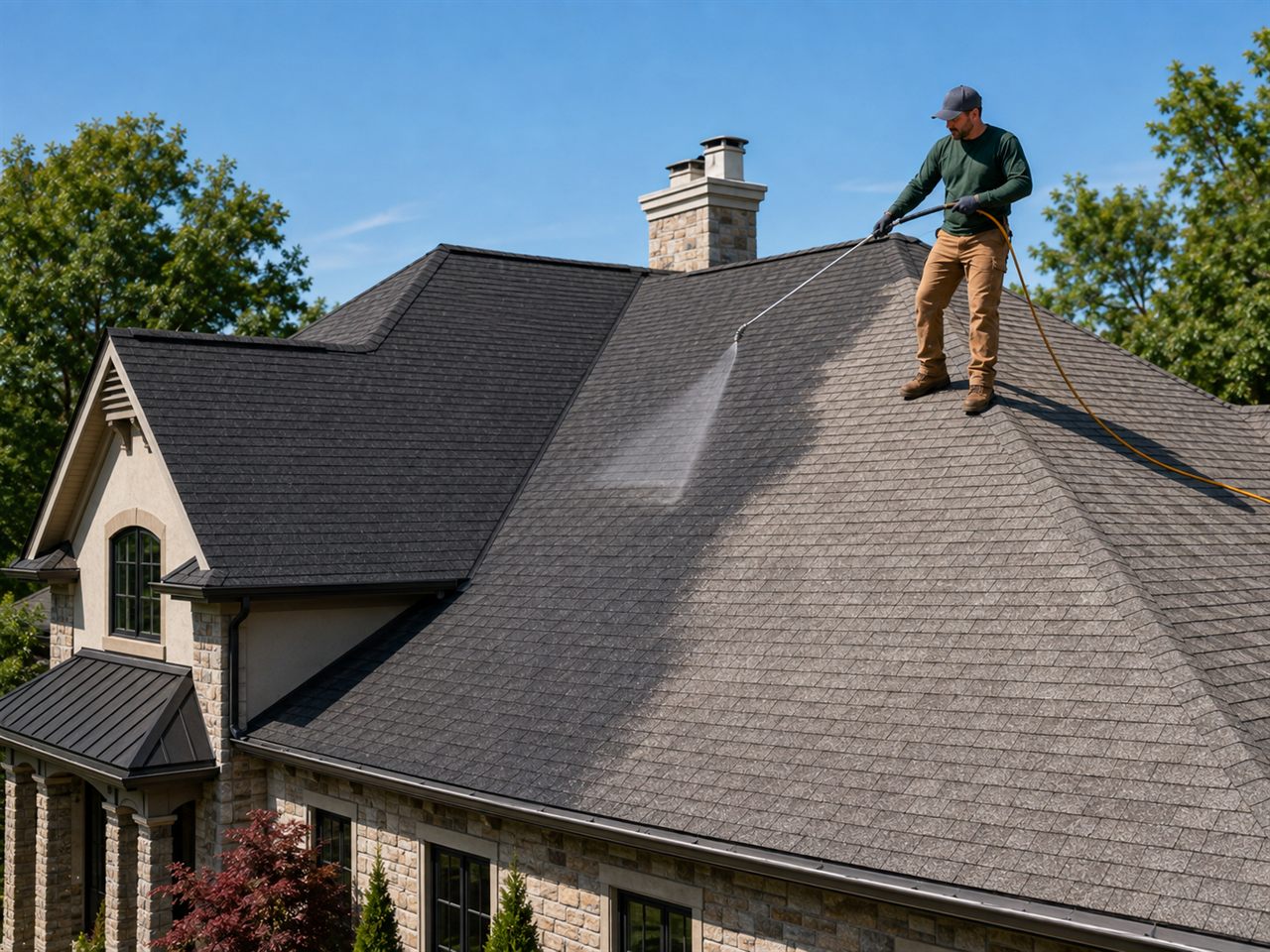 A technician applying low-pressure bio-based rejuvenation to an asphalt roof