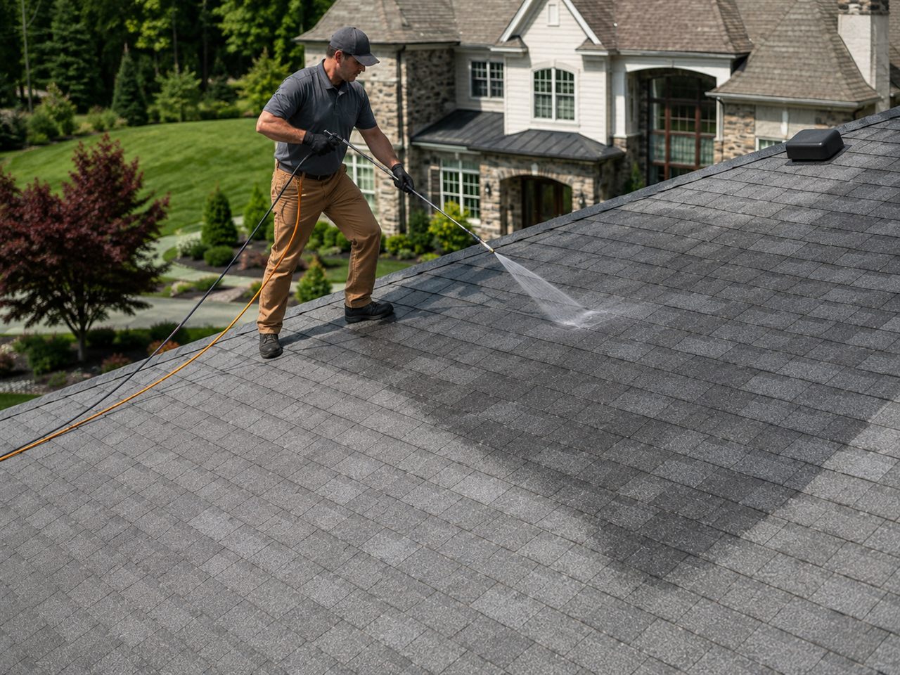 Low-pressure bio-based rejuvenation being applied to an asphalt shingle roof